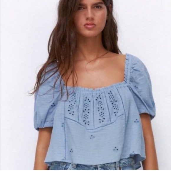 Zara Openwork Eyelet Puff Sleeve Top Size Small - Picture 1 of 11